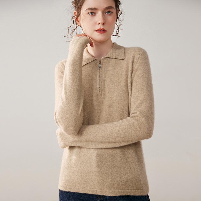 Women's Long-Sleeve Cashmere Half-Zip Polo Neck Sweater - Casual, Versatile, and Comfortable