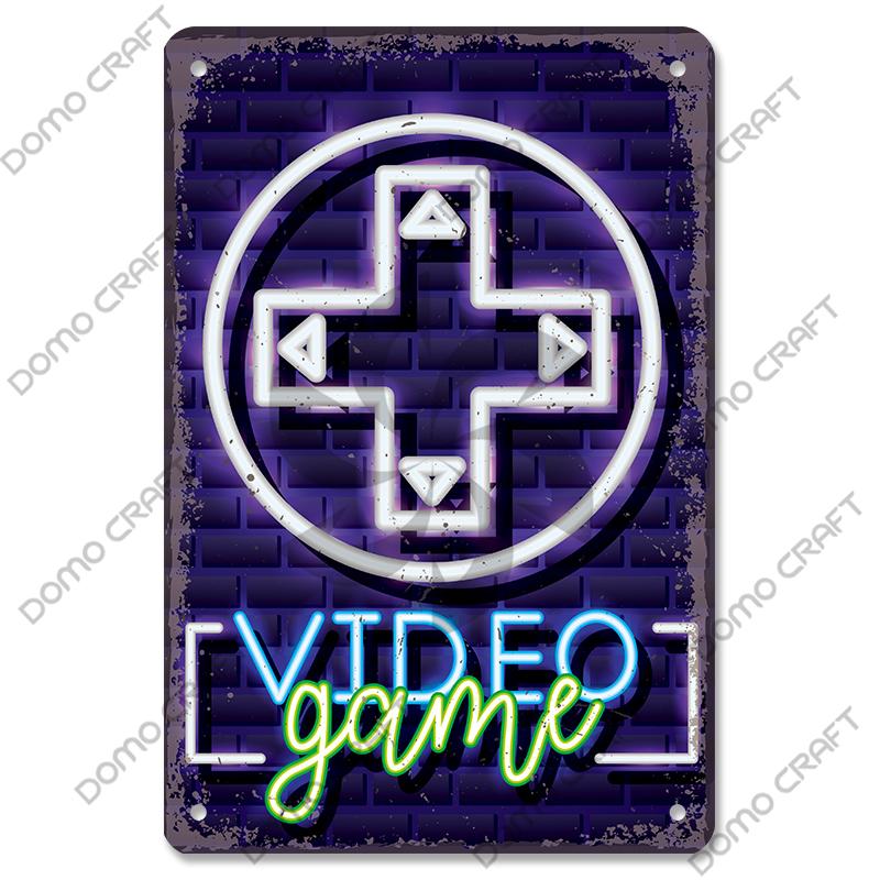 Poster Neon pentru jocuri video Placă metalică Gamer Play Win Game Zone Semne de tablă din metal Decor de perete retro Sala de jocuri Bar Pub Peștera omului