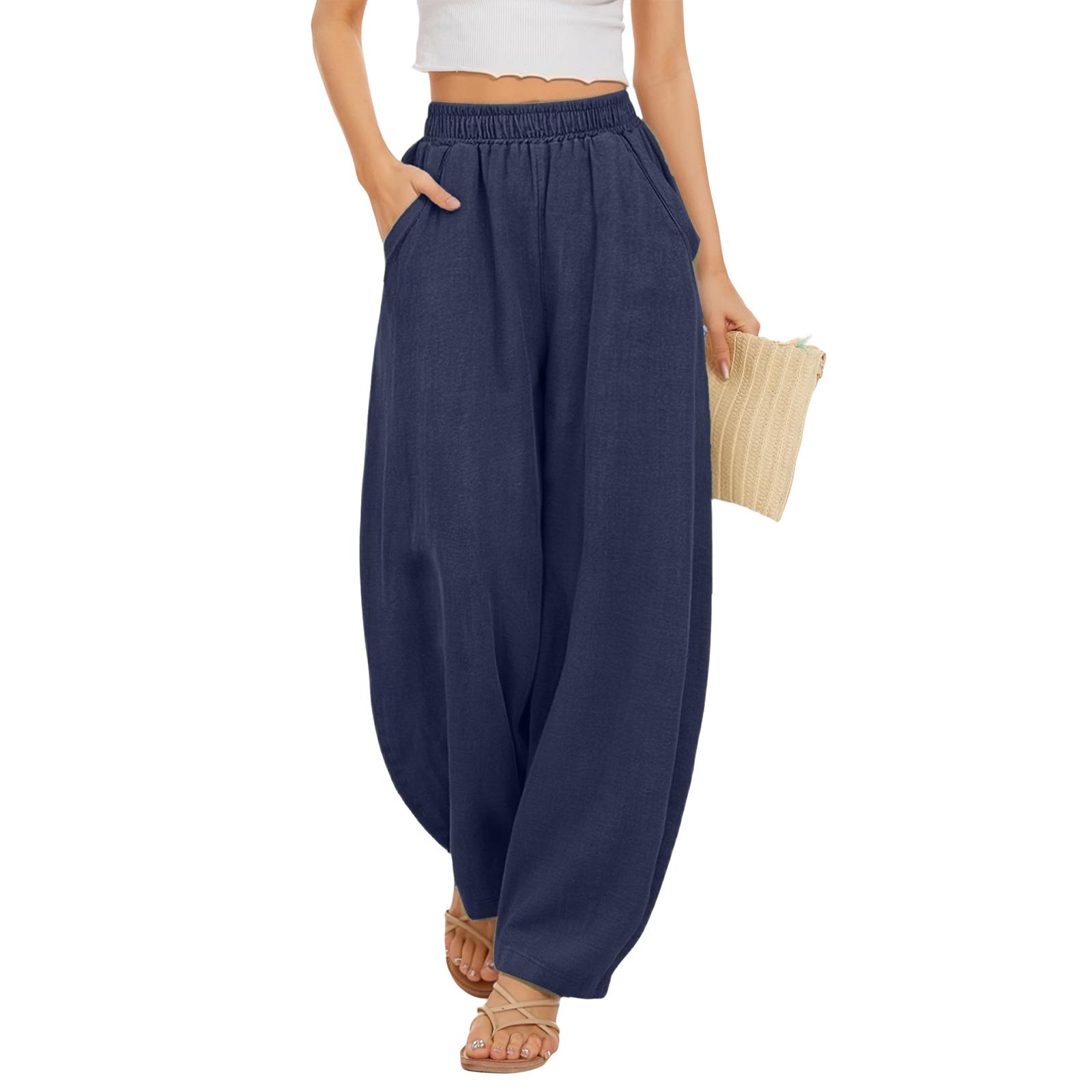 Women s Loose  Pants - Breathable Linen-Cotton Casual Trousers XL тёмно-синий