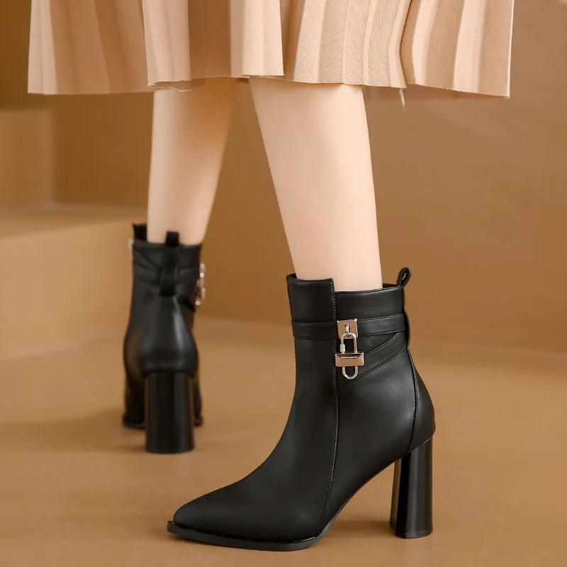 Fashion Women' Ankle Boots Autumn Chunky High Heel Short Boots Fashion Pointed Fashion Side Zipper Platform White Boots