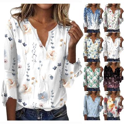 Women's Top Loose Casual V-neck Printed Blouses Bell 3/4 Sleeve T-shirt