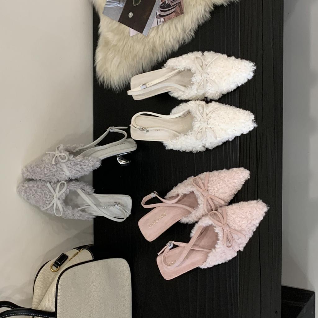 Huge gentleness~! Fairy wind bow-tie bag head sandals women wear pointed special-shaped thick-heeled rabbit fluffy shoes in autumn and winter