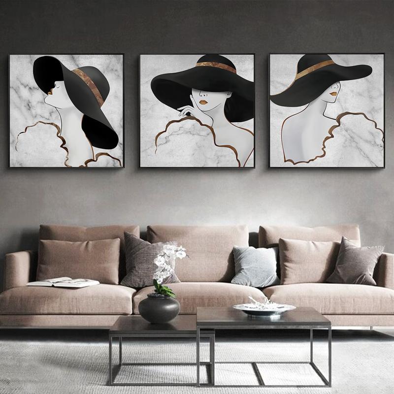 Abstract Lines Marble Pattern Decorative Canvas Painting of Women Waring Hats and Red Lips Posters and Prints Wall Art Cuadros
