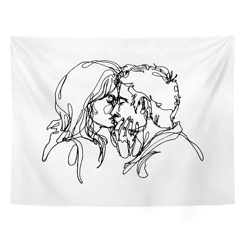 Line Art Couple Hands Heart Wall Tapestry White Background Minimalist Single Stroke Drawing Love Relationship Romantic