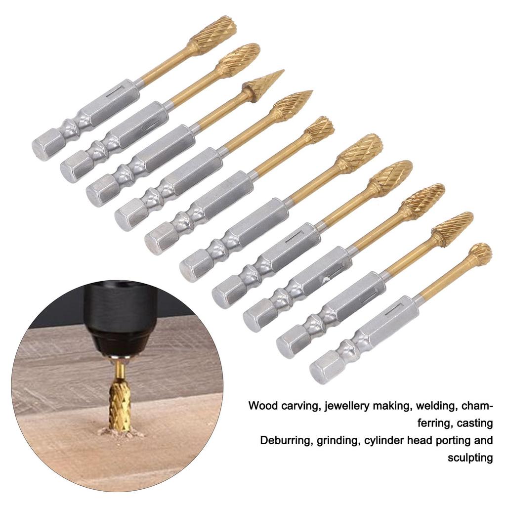 10Pcs Carbide Double Cut Rotary Burrs Set for Woodworking Carving Polishing Hex Shank Grinder Bits