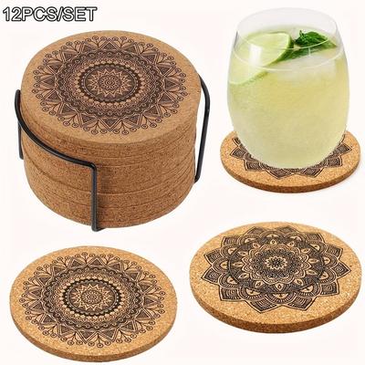 1 Set Creative Nordic Mandala Design Round Shape Wooden Coasters with Rack Nordic Mandala Round Cork Coaster
