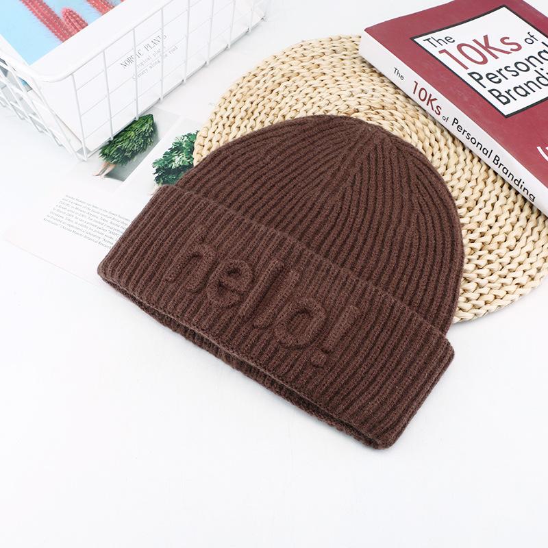 Korean Style Fashion Letter Printed Wool Hat for Women In Autumn and Winter Warm Pullover Cold Hat Showing Face Small Ear Protection Knit Hat Trendy