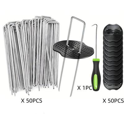 50 U-shaped Tent Stakes, 50 Ground Mats, 1 Nailer, Garden Stakes, Galvanized Landscape Spikes, Ground Stakes for Landscaping