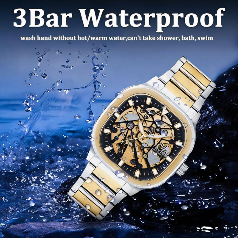 TEVISE Automatic Mechanical Watch Stainless Steel Men' S Business Luxury Steel Strip Watches Square Dial Waterproof Luminous Wristwatch