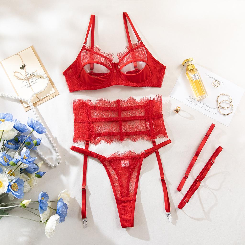 Sexy Lace Lingerie 4Pcs Sets Fancy Lace Hollow Out Perspective Bras and Thongs Garter Sets Intimate Sex Suit New 1496