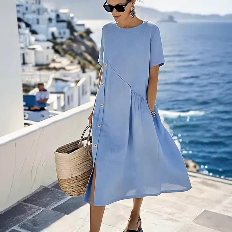 2026 Stylish Casual Midi Dress with Button Accents and Pleated Pockets