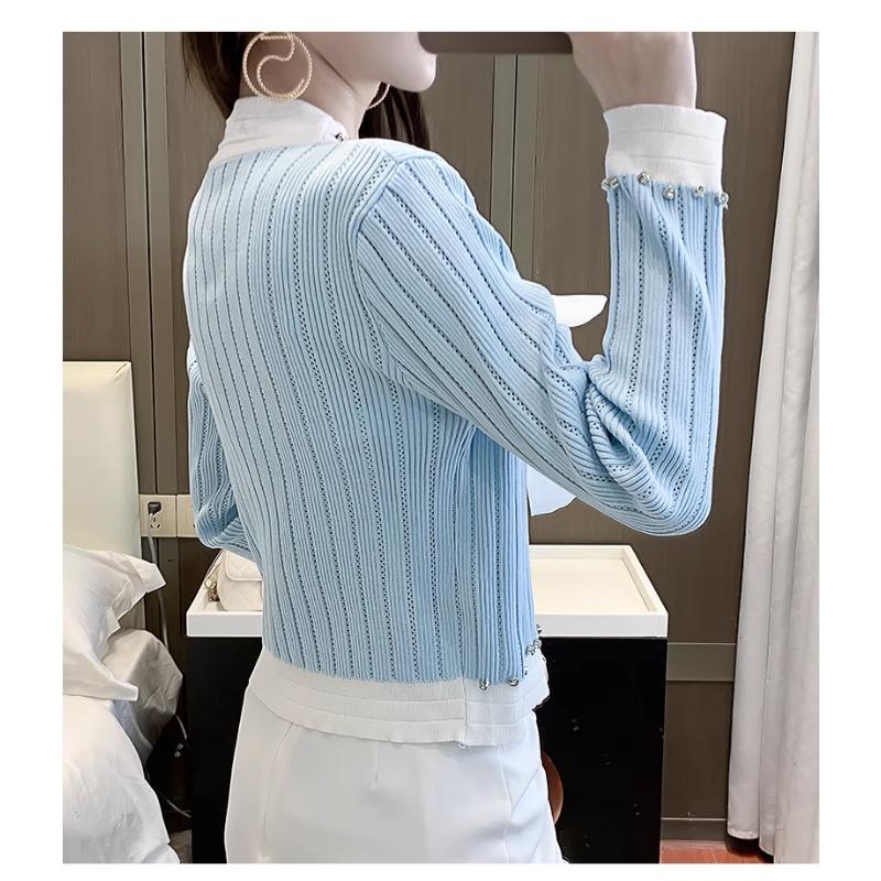 Spring Autumn Women Full Sleeve V-neck Luxury Diamond Beading Bowtie Knitted Sweater Single Breasted Cardigans Tops