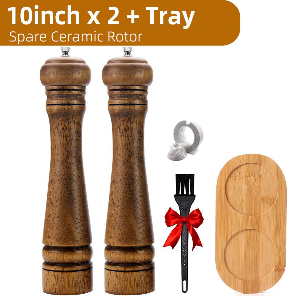 Wood Salt and Pepper Grinder Set, Pepper Mill, Salt Shakers w/Adjustable Ceramic Rotor- Refillable - Oak Wood
