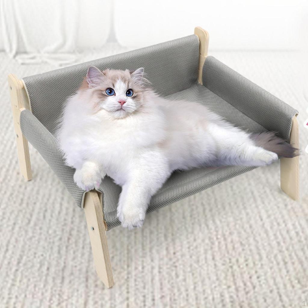 Cat Bed Elevated Hammock Pet Scratcher Wooden Frame Lounger with Soft Cloth Removable Cover Suitable