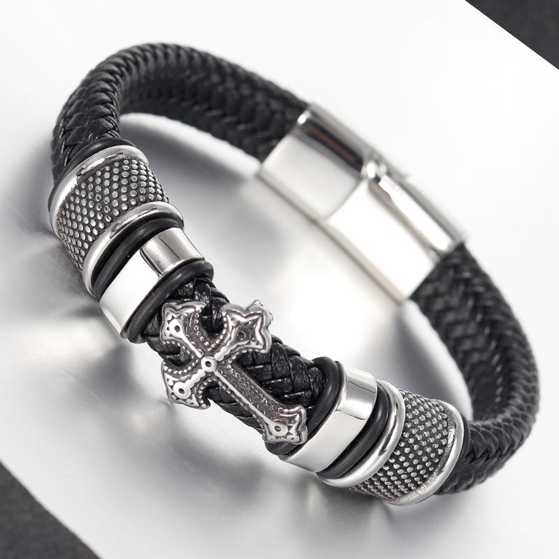 Leather Handwoven Bracelet Leather Woven Cross Men s Leather Bracelet Vintage Leather Rope 2026 18.5CM
