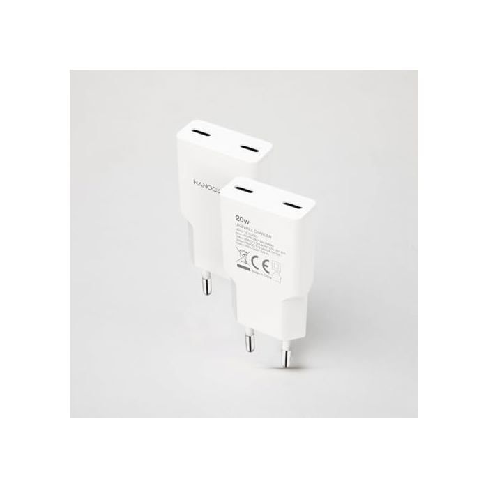 Chargeur USB-C 20W - Nano Cable - 2x USB-C PD - Blanc - 81x36x15 mm - Charge rapide - Protection court-circuit - Voyage