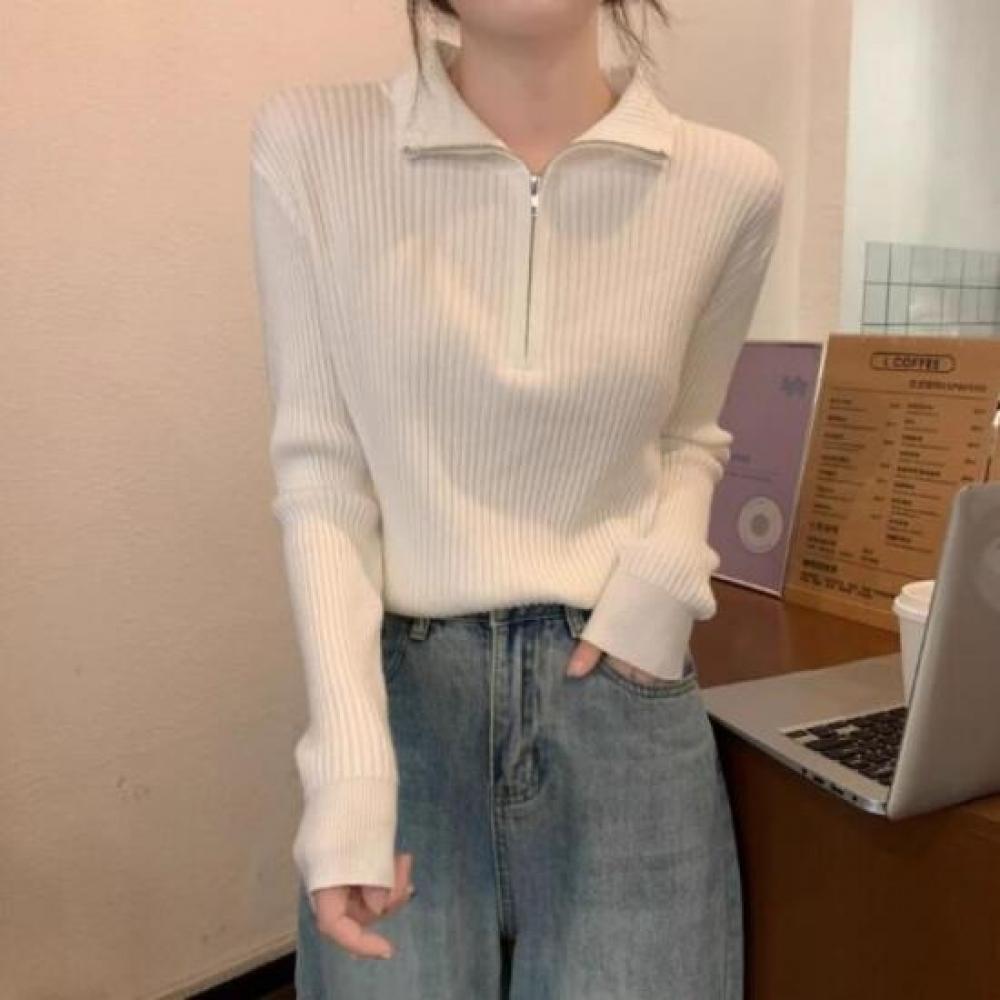 New Arrivals Open Run Half Zip Collared Slim FiT Ribbed KniT Long Sleeve T shirT