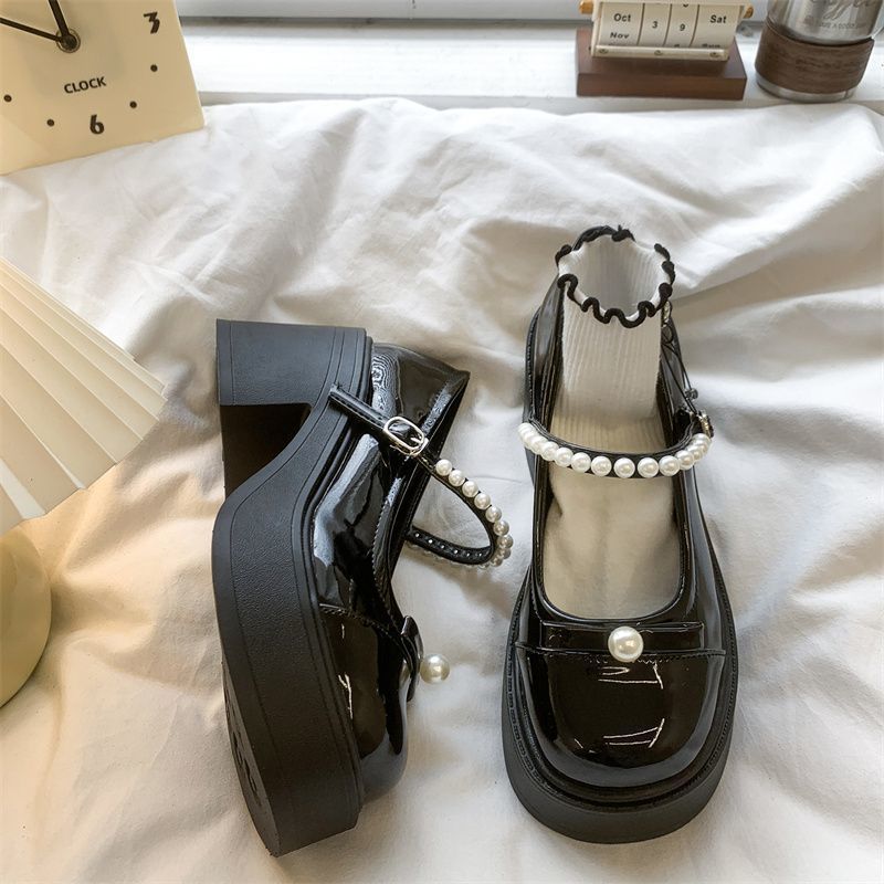 Pearl Mary Jane Shoes Platform Small Leather Shoes Japanese Women Round Head Style Daily Bow Sweet