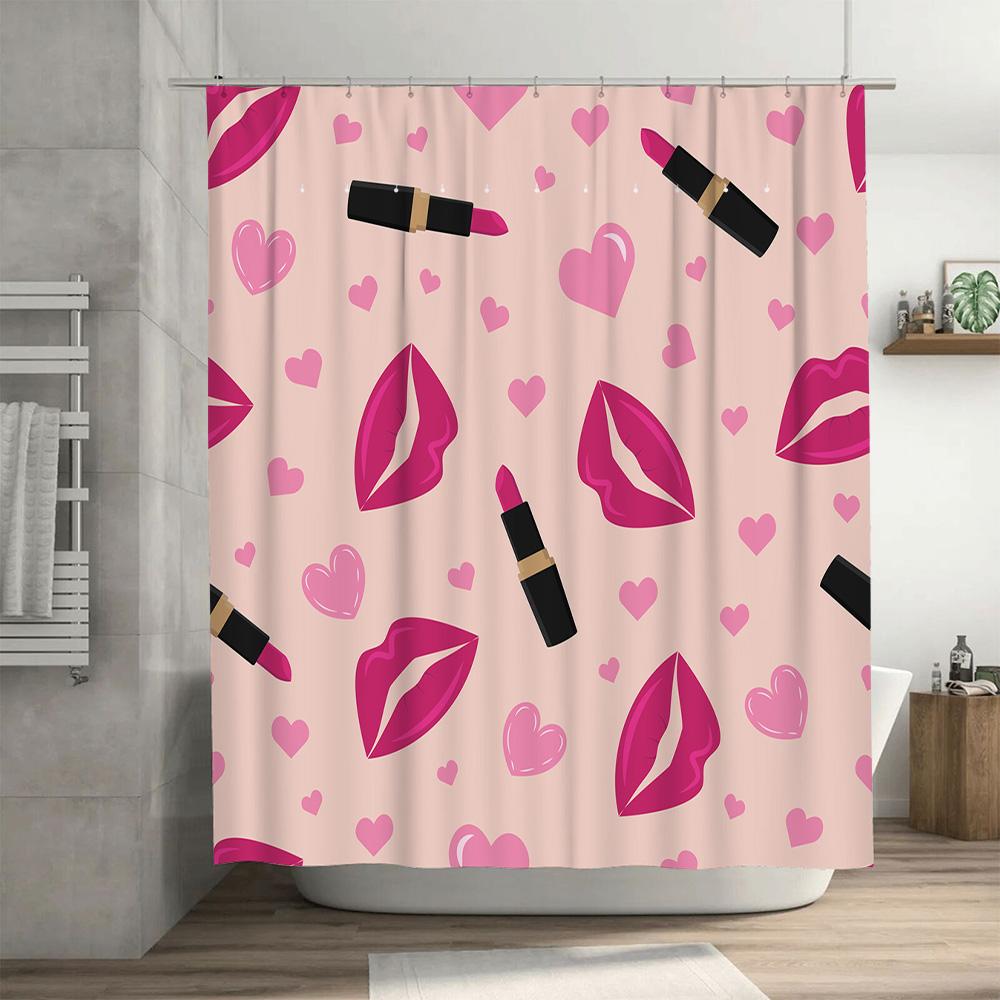 Pink Lipstick Pattern Shower Curtain Home Decor Bathroom Waterproof Fabric Curtains For Girl'S Room Pink Hearts Design With Blac