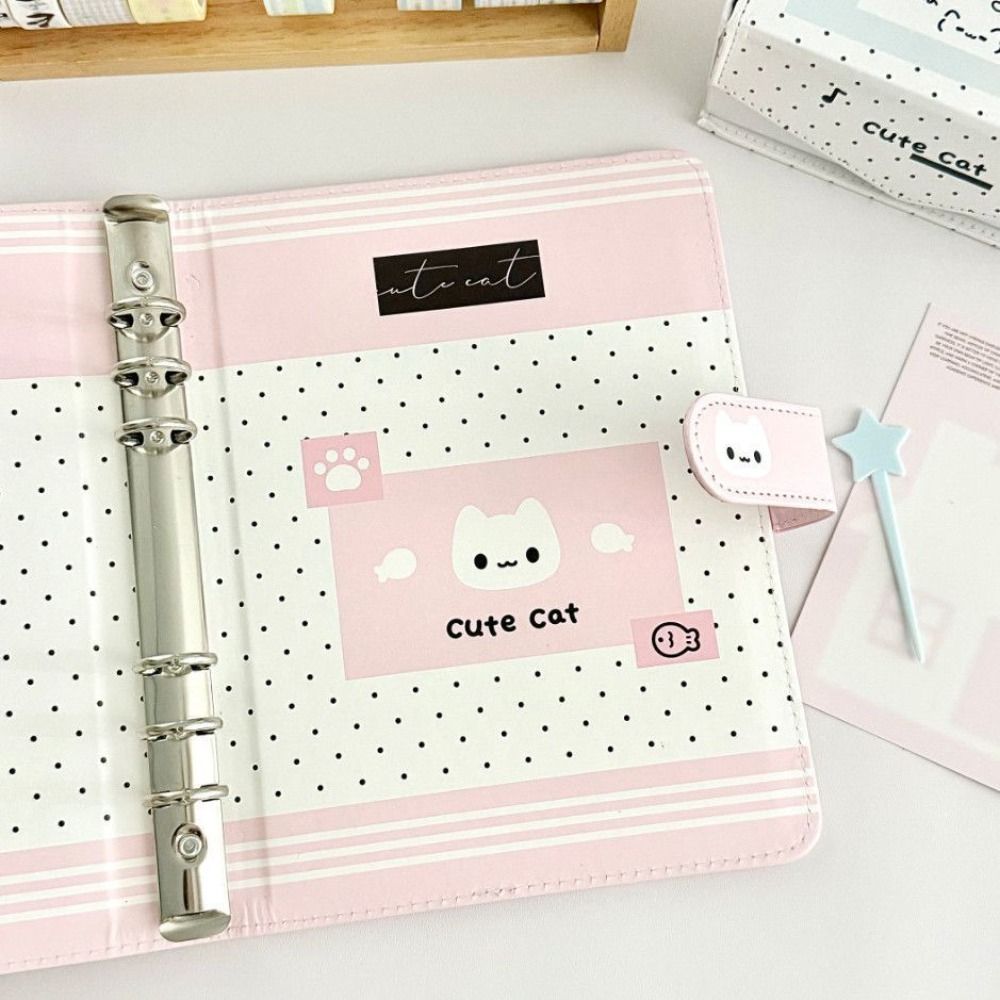 Fashion Portable Kawaii A5 Loose-leaf Notebook PU Leather Polka Dot Cat Photocard Protector Binder Collect Book School Office