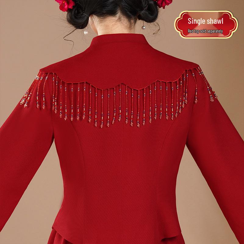 Elegant Chinese Wedding Banquet Embroidered Skirt Set with Tassels