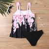 Plus Size Women Fashion Sexy Round Neck Dark Cherry Blossoms Bikini Set Slim Fit Beach Swimsuits Two Piece Set