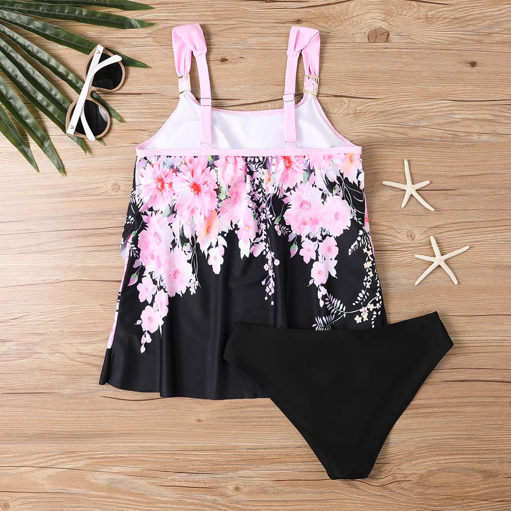 Plus Size Women Fashion Sexy Round Neck Dark Cherry Blossoms Bikini Set Slim Fit Beach Swimsuits Two Piece Set