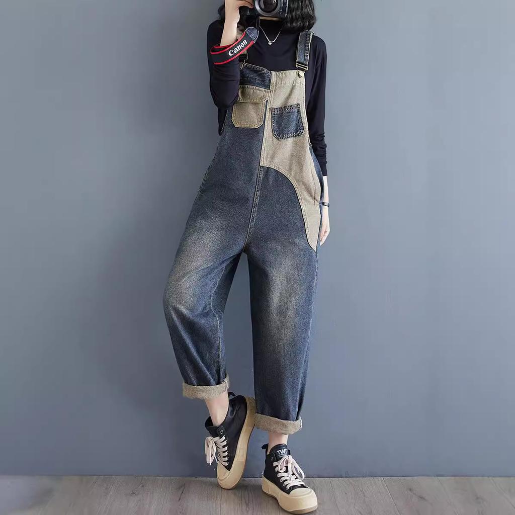 Suspender Pants Fashion Denim Overalls Women's Spring and Autumn Loose High Waist Contrast Color One-piece Wide-leg Nine-point Pants