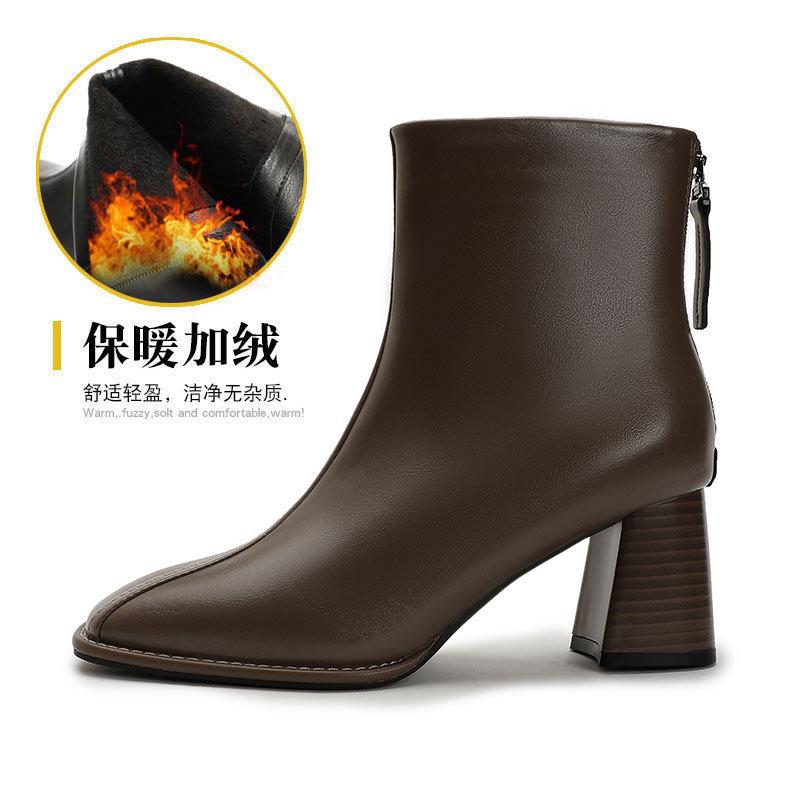 

ботильоны на толстом каблуке с квадратным носком женские одинарные ботинки новые ботинки средней высоты темпераментные кожаные ботинки на высоком каблуке тонкие ботинки 39