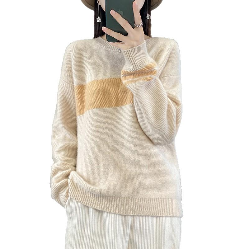 Women's Pure Wool Color Block Round Neck Sweater - Long Sleeve, Loose Fit, Autumn/Winter Knit Top