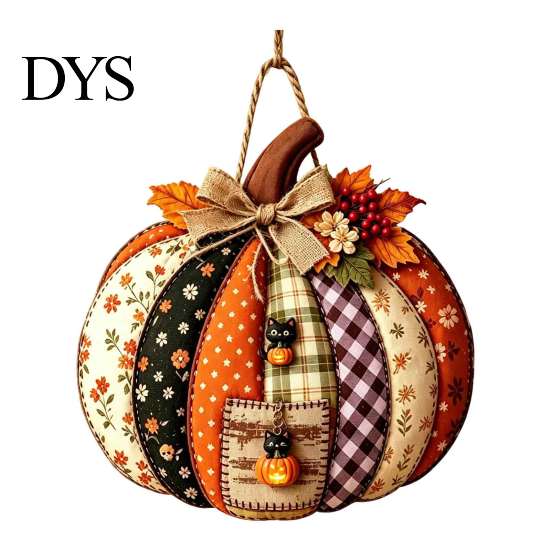 Cartello Appeso in Legno di Halloween Zucca Patchwork Appendiporta, Decorazione Casa Raccolta Autunnale con Foglie d'Acero Bacche, Parete Frontale Rustica Stagionale