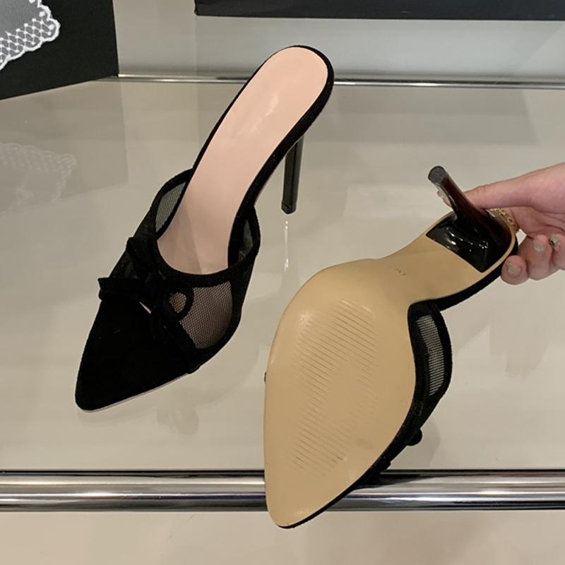Fashion Liyke Street Fashion Bowknot Mesh Women Slippers Sandals Sexy Pointed Open Toe Black High Heels Mules Slides Party Banquet Shoes