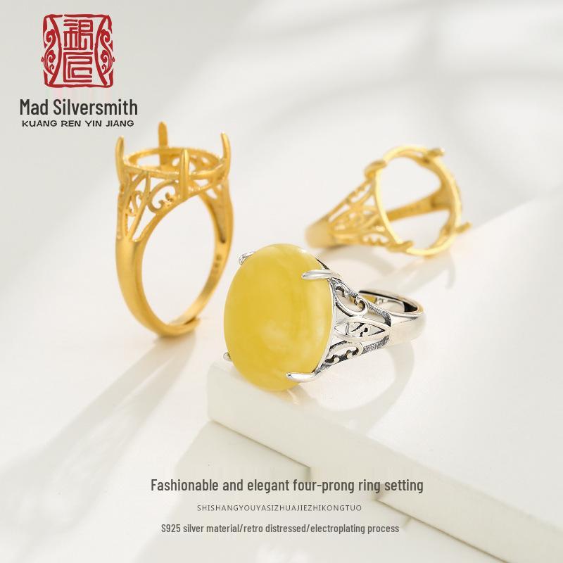 

S925 Sterling Silver Retro Unisex Ring Setting with Amber Gemstone DIY Adjustable