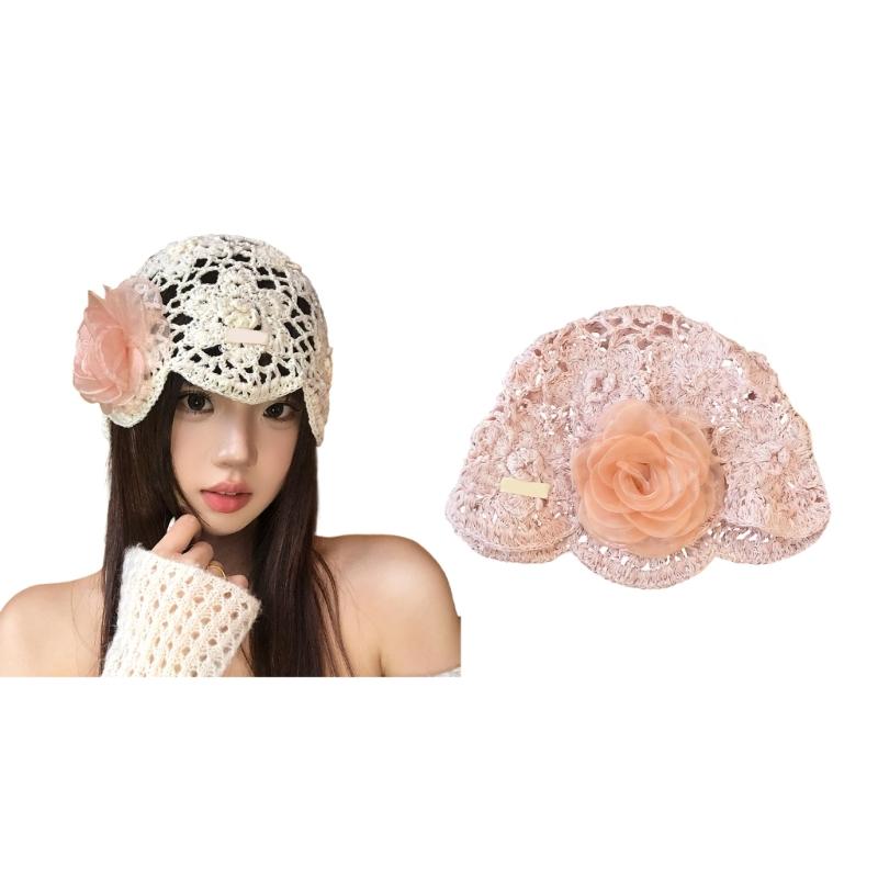 Feminine Openwork Knitted Creative Hat CapIncluding Shaped Dimensional Flowers In Soft Pink Or Beige