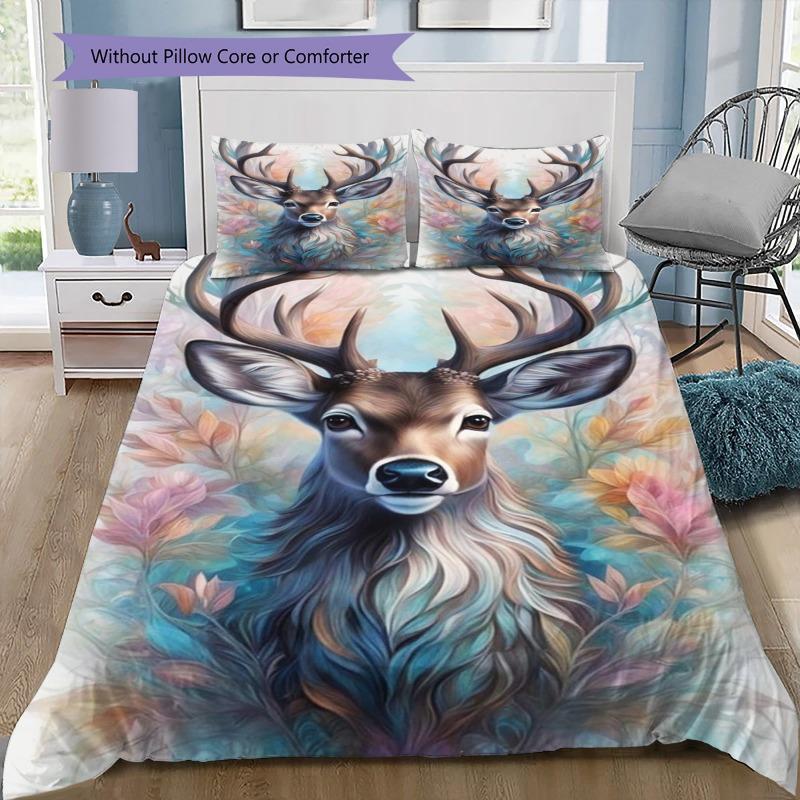 Forest Deer Colorful Flower Butterfly Print Duvet Cover Set 3 Pieces Wildlife Animal Bedding Bedroom Home Decor Without Pillow Core Comforter