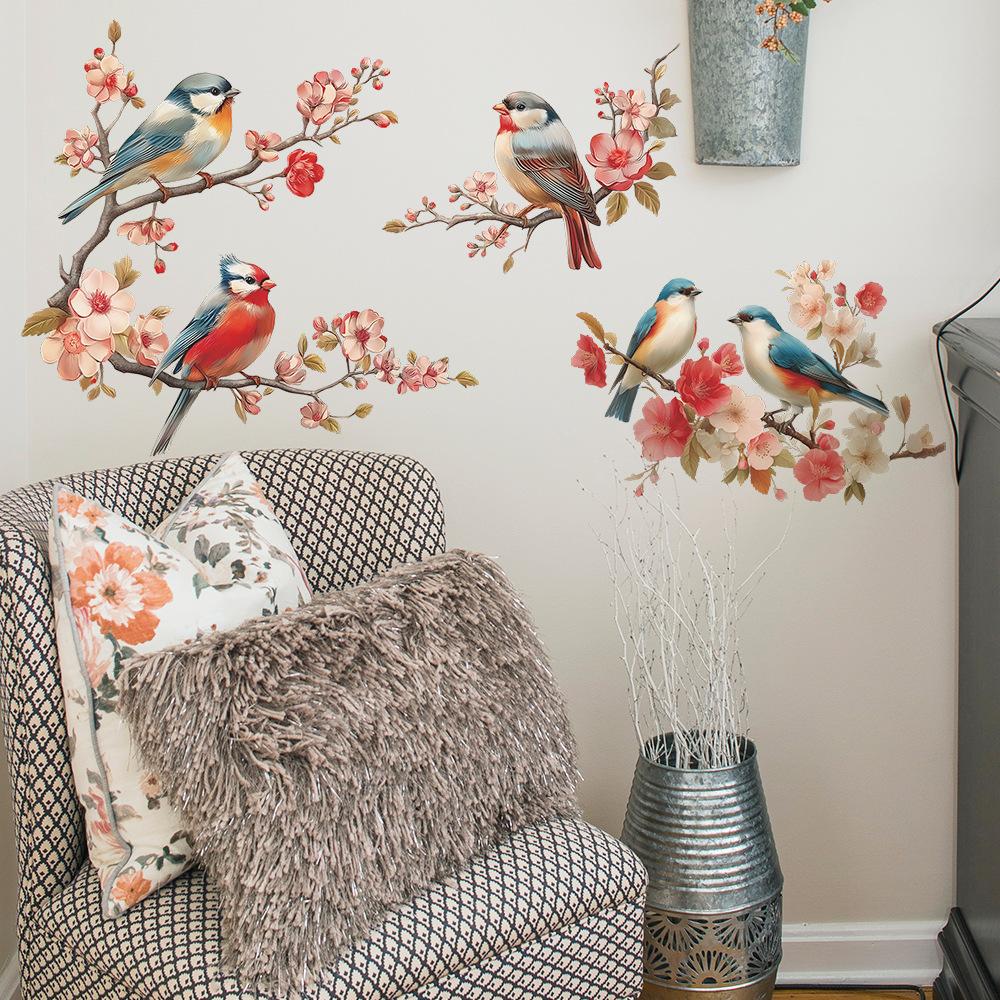 Malované větve a listy broskvoní, ptáci, ložnice, obývací pokoj, domácí dekorace, samolepky na zeď