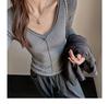 Premium Rolled-Edge V-Neck Slimming Long Sleeve Top for Women - Autumn/Winter