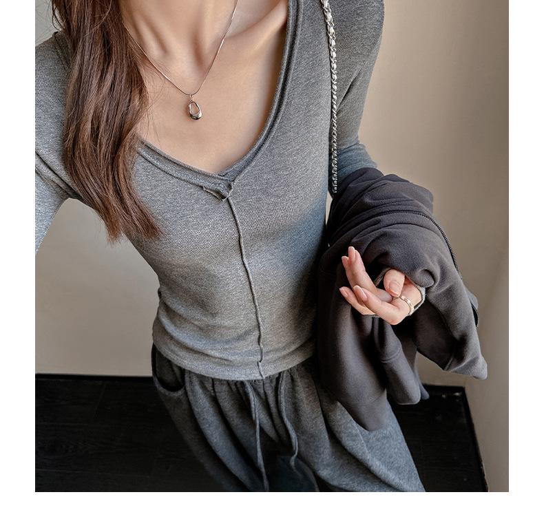 Premium Rolled-Edge V-Neck Slimming Long Sleeve Top for Women - Autumn/Winter