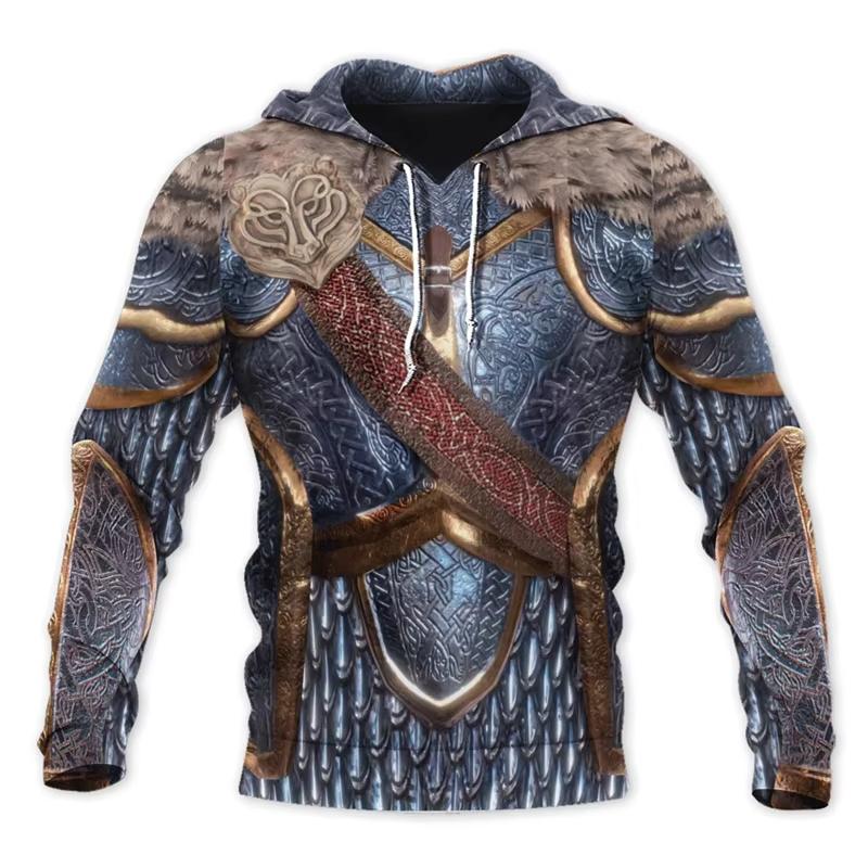 3D-gedruckter mittelalterlicher Rüstungs-Hoodie für Herren, modischer übergroßer Vintage-Pullover-Hoodie, Herren-Cosplay-Rüstungs-Sweatshirt-Trainingsanzug