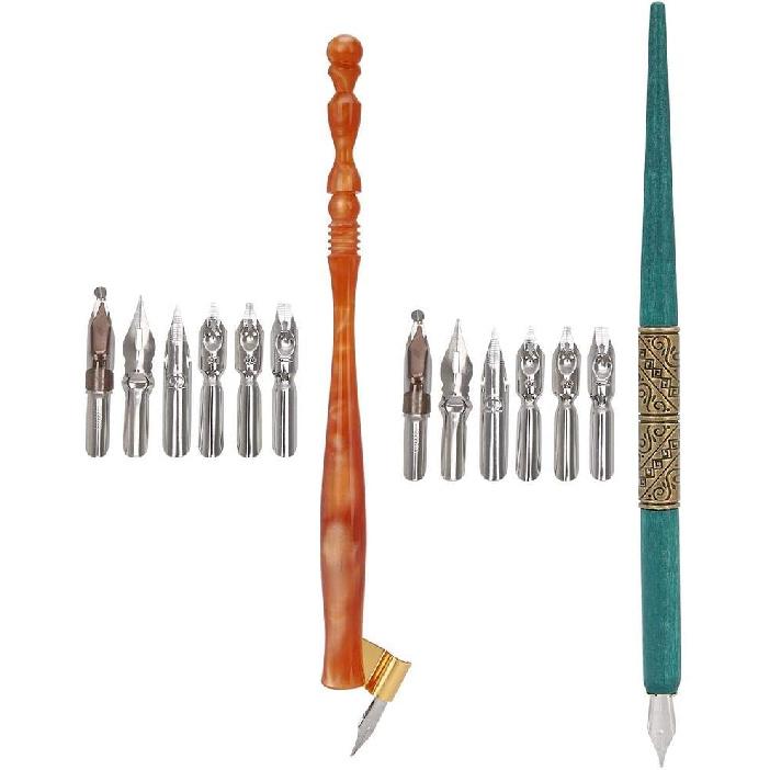 Calligraphy Oblique Nib Pen Point Holder, English Calligraphy Pen Nib Holder Antique Copperplate Script Handed Dip Pen + 6 Flat Nibs(1)
