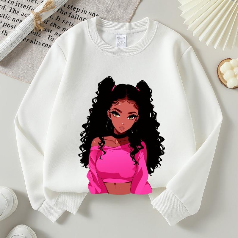 Kids Crewneck Long Sleeve Sweatshirt, Fashion Art Pink Haired Girl Print