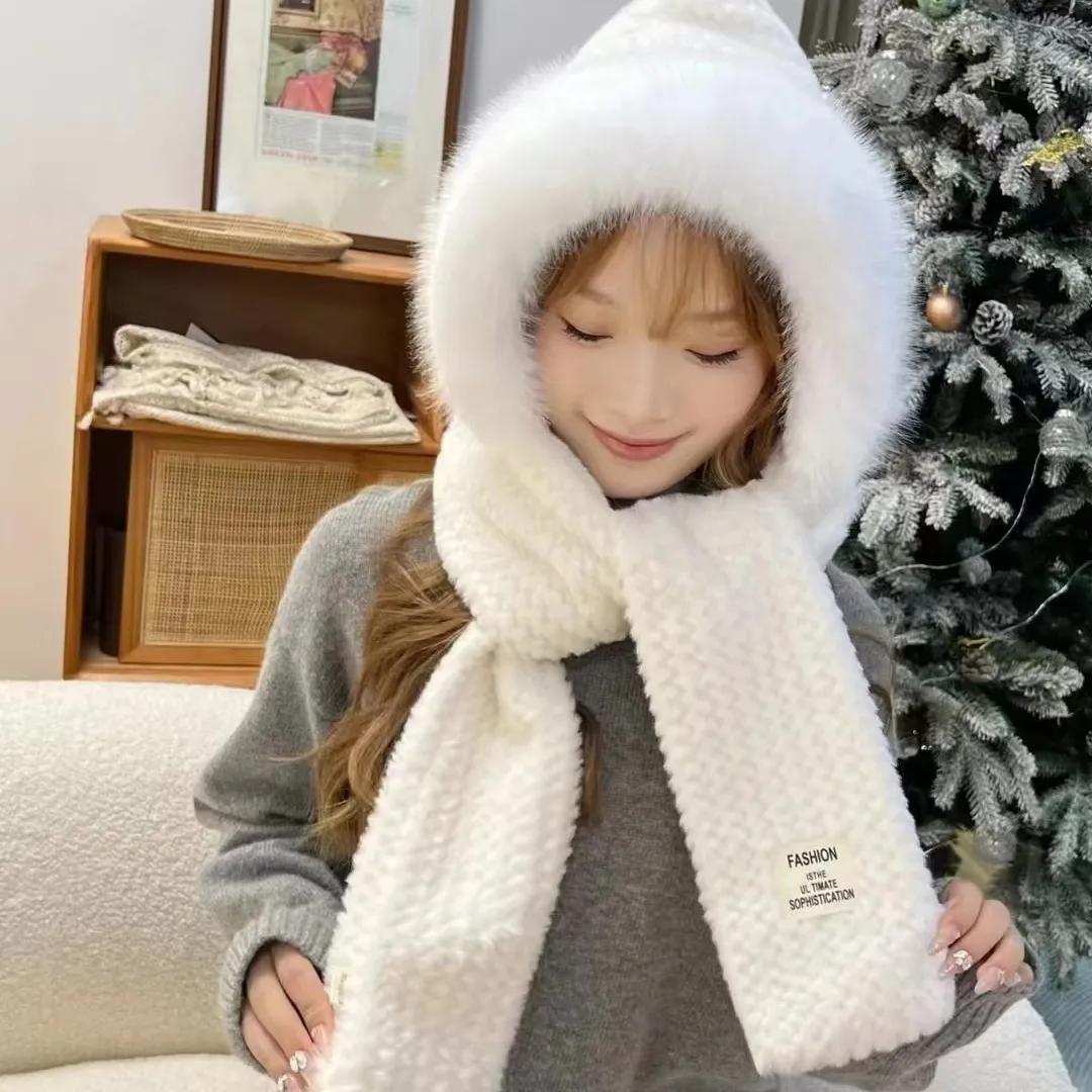 

WTEMPO Толстые зимние однотонные мягкие теплые шарфы-шапки женские ветрозащитные холодостойкие универсальные повседневные вязаные шапки One Size белый