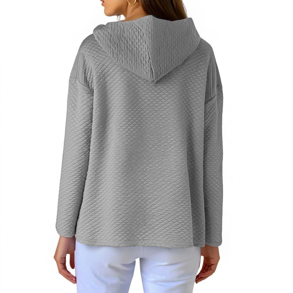 Women's Loose Fashion Plaid Solid Color Long Sleeve Cardigan Hooded Sweatshirt Jacket