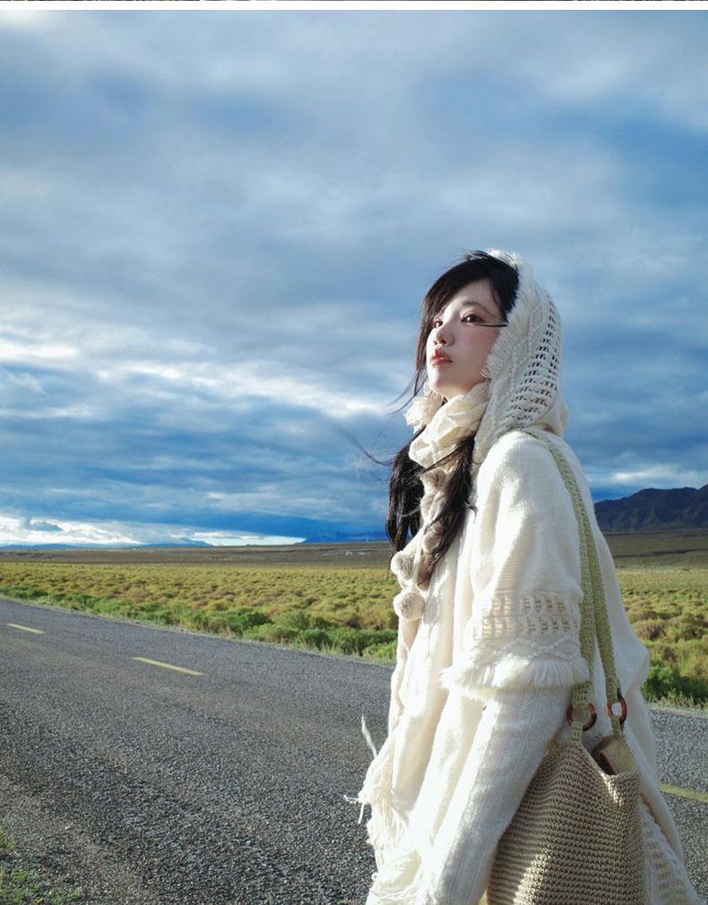 Weißer Mori Böhmischer Quasten Umhang Schal Pullover für Damen