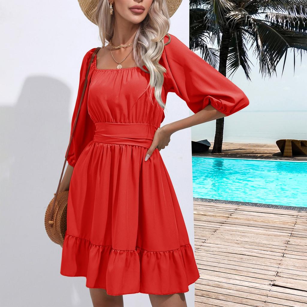 New Fashion Women's Trendy Ruffle Edge Square Neck Tie Up Short Skirt Summer Dress