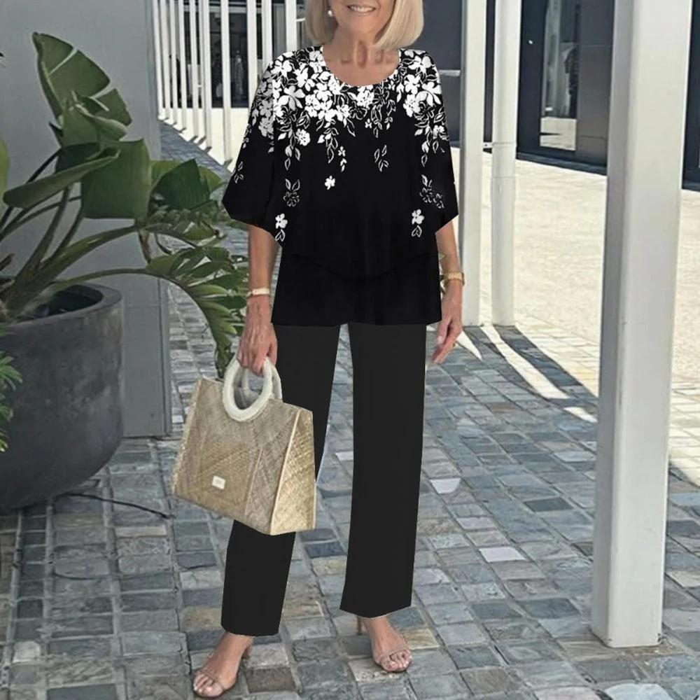 Women's Green Loose Fit Top with Leaf Print Pants Set, Casual Summer Outfit with Straw Bag