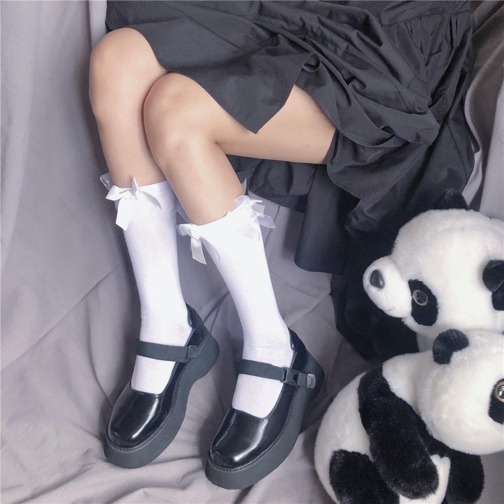 Japanese Lolita Retro White Satin Bow Trendy Cool Dark Jk Two Wear Stacked Calf Socks