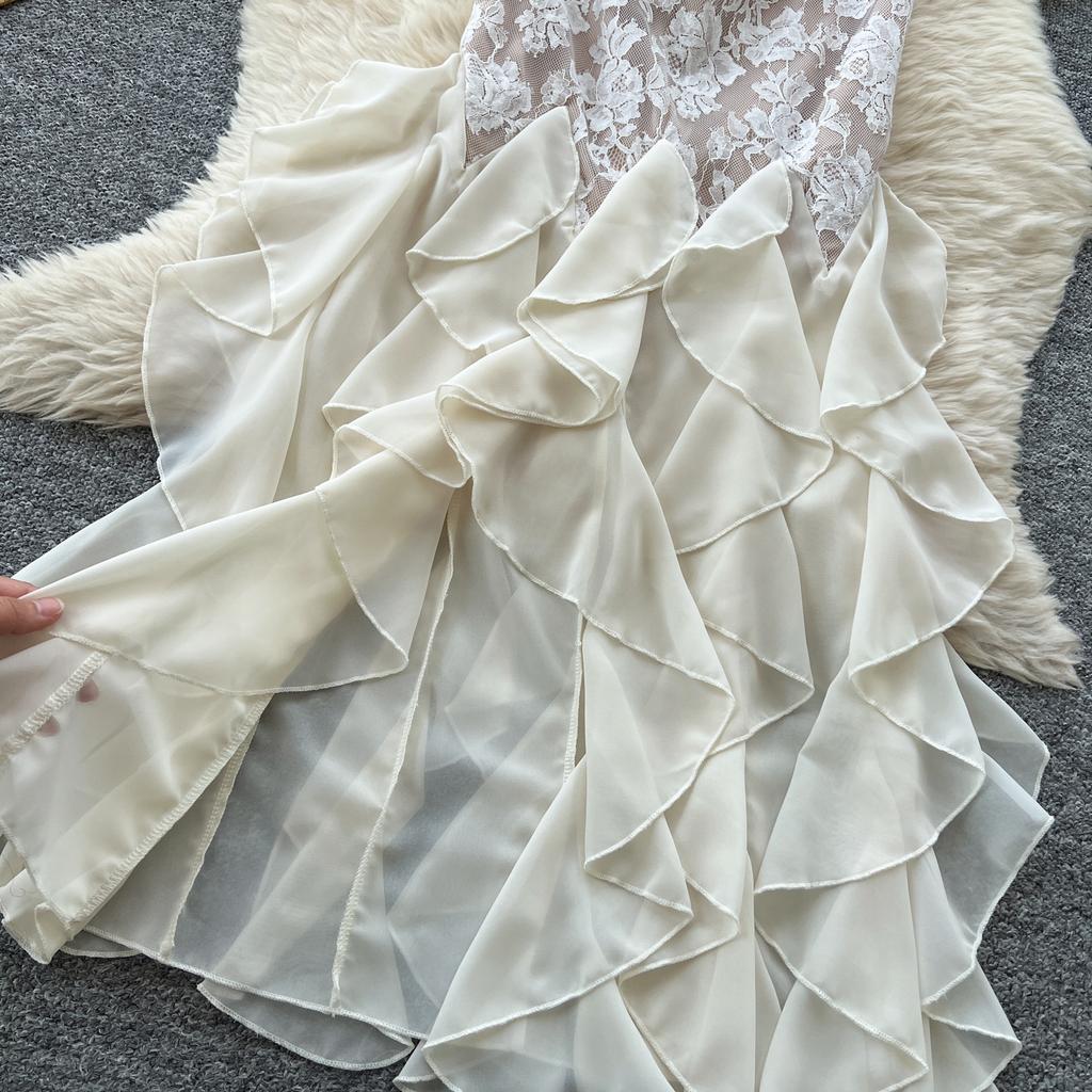 Summer Women Elegant Spaghetti Strap Open Back Lace Long Maxi Party Fishtail Dresses