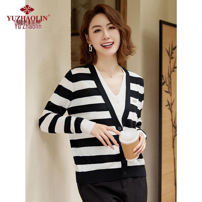 Fake Two-Piece Striped V-Neck Knit Cardigan M