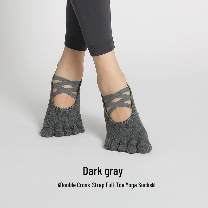 

Women s Non-slip Yoga Socks with Double Cross Straps and Five Toes for Indoor Use One Size темно серый